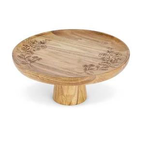 Support à gâteau rond en bois fait main avec base côtelée, finition naturelle - Product Image 3