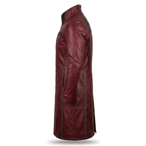 Gabardina de Cuero Genuino para Hombre, Color Borgoña, con Paneles Curvos Personalizados, Cierre Asimétrico, Cuello Alto, Abrigo Largo, Fabricante - Product Image 4