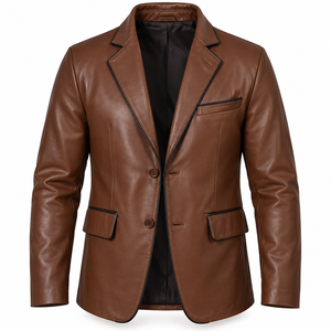 <b>Men's</b> Genuine <b>Leather</b> <b>Blazer</b> Brown Formal Suit Jacket Black Contrast Piping Premium Notch Lapel Two Button Single Breasted Slim - Product Image 1