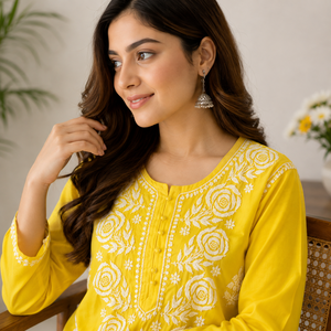 Kurti droit en coton brodé main Chikankari jaune pour femme, très demandé, avec col en tissu ethnique à motif floral - Product Image 3