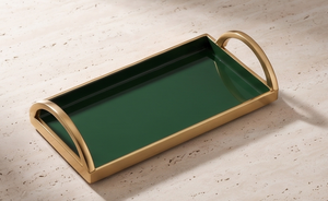 Bandeja de Servicio Rectangular de Latón Esmaltado Verde Oscuro al por Mayor con Asa Arqueada, Organizador Decorativo para Bar y Otomanas, Bandeja de Exhibición para Mesa - Product Image 4