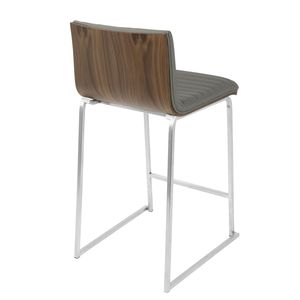 Mara 26\" Contemporary Counter <b>Stool</b> Set of 2 Brushed Stainless Steel & Walnut Wood Grey Faux <b>Leather</b> Modern Bar <b>Stools</b> - Product Image 5