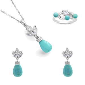 Juego de Joyería de Plata de Ley 925 con Topacio Blanco Natural y Turquesa, de Vendedor Indio, Incluye Aretes, Collar y Anillo, Joyería Fina - Product Image 1