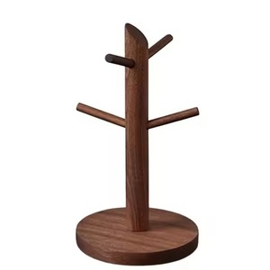 Support à tasses compact en noyer foncé avec base circulaire et 4 crochets – Organisateur de tasses à café mini pour table ou comptoir de cuisine - Product Image 1