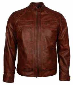 Chaqueta de Cuero Genuino Marrón para Hombre, Corte Regular, Cierre de Cremallera, Estilo Motero, Cuello Alto, Transpirable, Resistente al Viento, Ropa de Invierno - Product Image 1