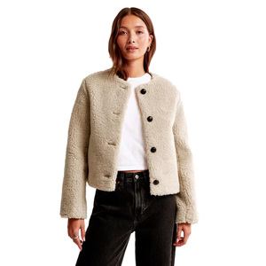 Women's Faux Fur Sherpa <b>Jacket</b> O-Neck Single Breasted Button Closure Full Sleeve Winter Short Coat Thick Fleece Material - Product Image 1