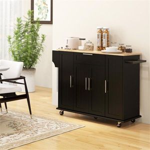 Carrello da Cucina Moderno Nero con Armadietto Contenitore, Caratteristiche Regolabili e Impermeabili, Realizzato in Acciaio al Carbonio, Quercia, Plastica e Vetro - Product Image 1