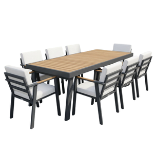 8 Seater Modern Outdoor Dining Set Aluminum/ Wood Table and <b>Chairs</b> or Custom Material White Cushions Weather Resistant - Product Image 1