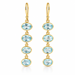 Boucles d'oreilles pendantes mignonnes en argent sterling 925 plaqué or 18 carats avec topaze bleue naturelle taille ovale facettée et sertissage clos, idéales pour les fiançailles et les fêtes - Product Image 1