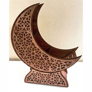 Luxury Wooden Ramadan Crescent Moon <b>Gift</b> Hamper Tray Wooden Crescent Shelf Dessert Dates Display Tray for <b>Eid</b> Mubarak Decor - Product Image 4