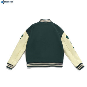 DAIZEN <b>STAR</b> Men's Varsity <b>Jacket</b> Green Cream Sleeve Patch Design Preppy Style Autumn Wear Polyester Cotton Material - Product Image 2