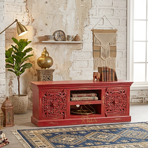 Red Carved Wood <b>TV</b> Stand with Storage Rustic Antique <b>Design</b> Living Room Furniture - Product Image 1