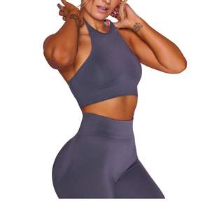 Conjunto Deportivo Gris sin Costuras para Mujer, Top Deportivo Halter, Pantalones Cortos de Cintura Alta, Ropa Deportiva para Fitness, Yoga y Ejercicio - Product Image 1