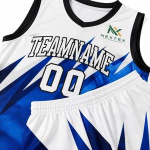 Ensemble de maillots de basket-ball sublimés personnalisés pour hommes, bleu et blanc, imprimé dynamique, uniforme en mesh, tenue d'équipe avec shorts, fabrication OEM - Product Image 5