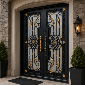 Porte d'entrée double en fer forgé noir et or de luxe avec verre dépoli pour villa – Sécurité et design haut de gamme - Product Image 2