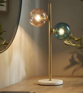Modern Brass <b>Table</b> <b>Lamp</b> With Marble <b>Base</b> And Dual Glass Globe Shades In Amber And Blue For Living Room Decor - Product Image 1