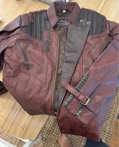 Men's Burgundy Genuine Leather Moto <b>Biker</b> <b>Jacket</b> Stand Collar Zipper Closure Windproof Autumn Winter Leather <b>Jacket</b> - Product Image 2