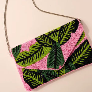 Handmade Pink Green Beaded Clutch Bag Tropical Leaf Pattern Crossbody Purse Glass Seed Bead Envelope Handbag Women Party <b>Wallets</b> - Product Image 1