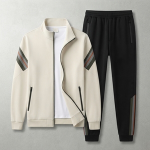 Men's <b>Navy</b> <b>Blue</b> Tracksuit Set With Orange Stripes Full Zip <b>Jacket</b> And Pants Casual Autumn Wear Polyester Cotton Material - Product Image 4