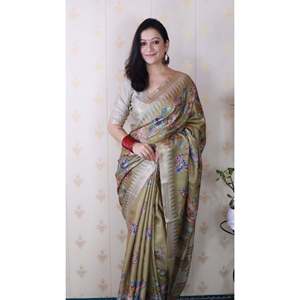 Dusty Gold Soft Tussar Silk Scarf Nature Printed Zari Woven Saree - Product Image 2