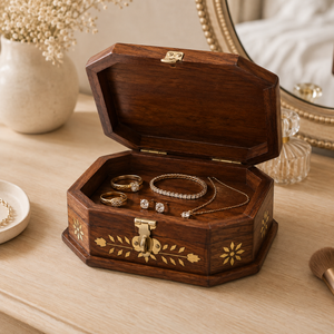 Handcrafted <b>Wooden</b> Jewelry <b>Box</b> with Brass Inlay, Decorative <b>Keepsake</b> Storage Organizer for Rings Earrings Necklaces & Gifts Home - Product Image 3