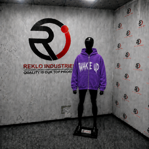 Sweat à capuche zippé violet oversize pour homme, imprimé graphique Wake Up, style streetwear, mode urbaine décontractée - Product Image 3