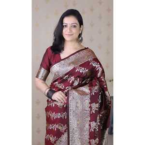 Robes de soirée Elite Weaves en soie douce marron, sari tissé Banarasi Jaal Meenakari Zari 650g - Product Image 2