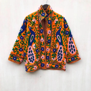 <b>Velvet</b> Suzani Chic Embroidered <b>Jacket</b> Peacock Floral Ethnic Outerwear with Vintage Uzbek Style Winter Cotton Filled Short <b>Jacket</b> - Product Image 1