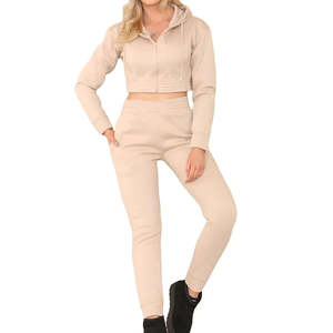 Ensemble deux pièces pour femme, haut court zippé et pantalon de jogging, hiver, uni, décontracté, coupe régulière - Product Image 3