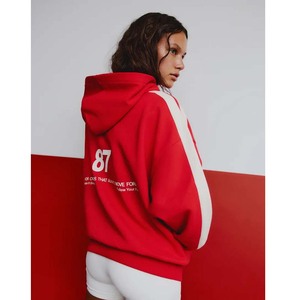 Sweat-shirt surdimensionné rouge pour femme avec rayures blanches et imprimé lettres, en coton tricoté, pour l'automne - Product Image 3