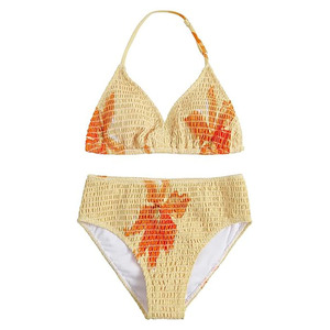 Ensemble de bikini imprimé tropical pour femme, haut triangle à col halter, bas taille haute, maillot de bain extensible en spandex et polyester - Product Image 3