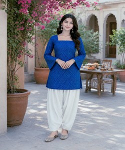 Modern Cotton Bandhej Print <b>Top</b> Patiyala Set Women Traditional Party Wear India Pakistan Style Salwar Kameez LW-9340 85146 - Product Image 1