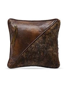leather cowhide Pillow With Leather Accent Brown Home Decor Cushion - Product Image 3