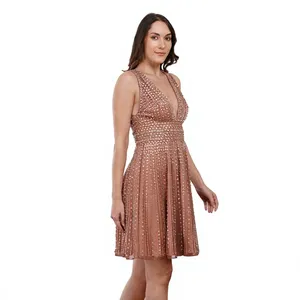 Elegant <b>Rose</b> <b>Gold</b> <b>Sequin</b> <b>Dress</b> For Plunging V-Neck Sleeveless Evening <b>Dress</b> Shimmering Pleated Cocktail Party <b>Dress</b> - Product Image 5