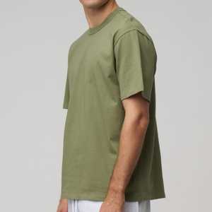 Nouveau T-shirt d'été pour homme tendance, 100% coton, col rond, coupe ample, manches courtes, vert olive uni - Product Image 2