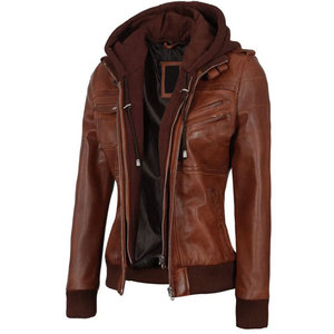 Chaqueta Bomber de Cuero Genuino Marrón para Mujer con Capucha Desmontable, Cierre de Cremallera, Manga Larga, para Otoño - Product Image 3