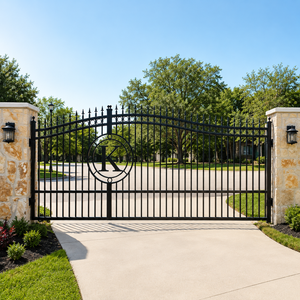 Elegante puerta de entrada de metal negro con remates en forma de lanza, pilares de piedra con monograma circular y diseño de entrada residencial de lujo. - Product Image 6