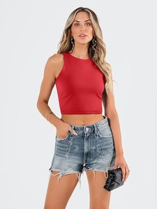 Débardeur court tricoté uni sans manches pour femme, col rond, décontracté, printemps-été, coupe régulière, matière élastique - Product Image 1