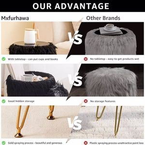 Round Furry Vanity Stool with Marble Tray <b>Compact</b> Soft <b>Makeup</b> Seat Faux Fur Storage Ottoman 4 Metal Legs - Product Image 6