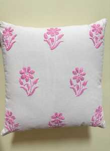 <b>Indian</b> Embroidered Cushion Covers, Chikankari Hand Embroidery Floral Motifs Artisanal <b>Throw</b> Pillows - Product Image 2