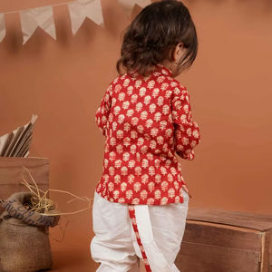 Kurta roja estampada de algodón con dhoti para niños-T-Red kurta roja - Product Image 1