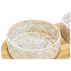 Ceramic Pet <b>Bowls</b> <b>Set</b> With Bamboo Tray White Light Brown Geometric Pattern Dual Feeding Station For <b>Dogs</b> Cats - Product Image 2