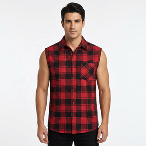 Chemise sans manches en flanelle à carreaux pour homme, coupe ample, rouge et noir, col rabattu, respirante, pour l'automne, fabrication sur mesure - Product Image 1