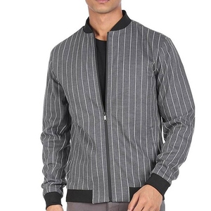 Chaqueta Bomber Gris a Rayas para Hombre con Cierre de Cremallera, Cuello Camisero, Estilo Casual, Corte Ajustado, Tejido de Poliéster y Algodón - Product Image 4