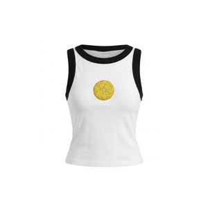 White Tank <b>Top</b> with Black Stripes And Yellow Floral Embroidery Sleeveless Daily Wear Breathable Cotton Fabric Spring/Summer Wear - Product Image 1
