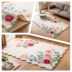 Tapis en laine à franges florales tuftées à la main |   Tapis artisanal de créateur 100% laine |   Tapis de sol floral de forme personnalisée - Product Image 2