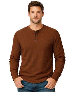 เสื้อยืดแขนยาวผู้ชายแบบเฮนลีย์ ผ้าวาฟเฟิล สีน้ำตาล สวมใส่สบาย คอติดกระดุม เหมาะสำหรับฤดูหนาว ผ้าฝ้ายทรงเข้ารูป ระบายอากาศได้ดี - Product Image 1