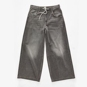 Jeans OEM de hombre con cordón, súper anchos, de mezclilla lavada color carbón, estilo Y2K, holgados, de pierna extragrande, desgastados, con efecto deshilachado, minimalistas y limpios. - Product Image 3
