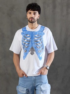 Camisetas de Hombre de Alta Calidad, 100% Algodón, Estampado Gráfico, Estilo Urbano, Oversize, Estampado de Esqueleto Azul, Corte Regular, Casual - Product Image 1