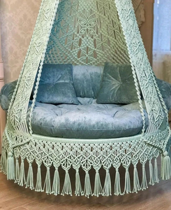 Bohemia Macram Swing <b>Chair</b> Pista Green with Cotton Rope,Velvet Cushion and Iron Frame for Indoor Outdoor Home Décor Garden Jhula - Product Image 2